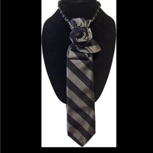 Black and Gray Striped Necktie with Rose Accent